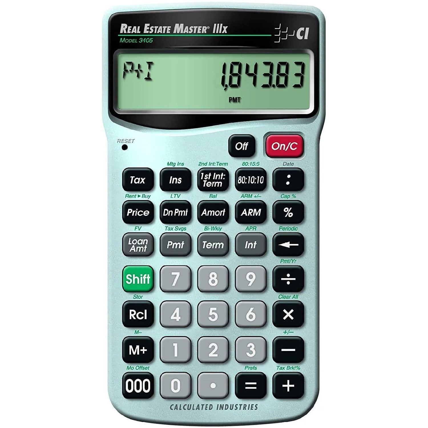 Real Estate Master IIIx Model 3405 calculator by Underwood Distributing Co, financial keypad display