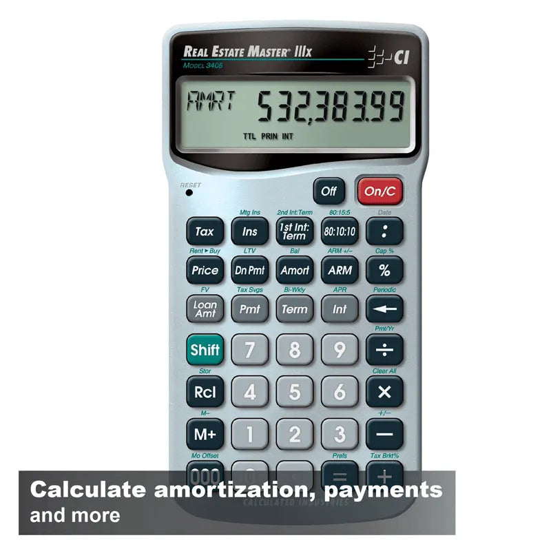 Real Estate Master IIIx calculator for loan, payment, and amortization, sold by Underwood Distributing Co.