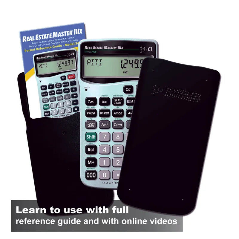 Real Estate Master IIIx calculator with case, reference guide, and Underwood Distributing Co.