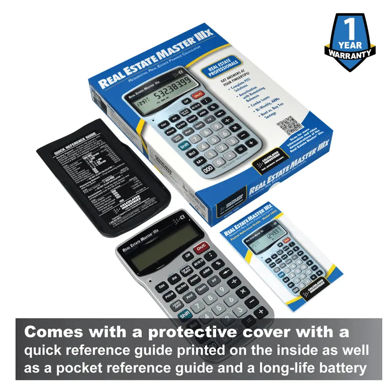 Real Estate Master IIIX calculator set with case, quick reference guide, and retail packaging.