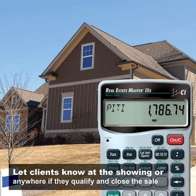 Real Estate Master IIIx calculator model 3405 displaying payment amount in front of suburban home