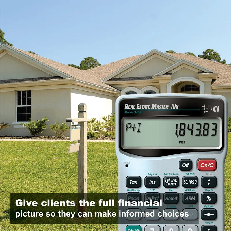 Real Estate Master IIIx calculator in front of a house for sale, Underwood Distributing Co.
