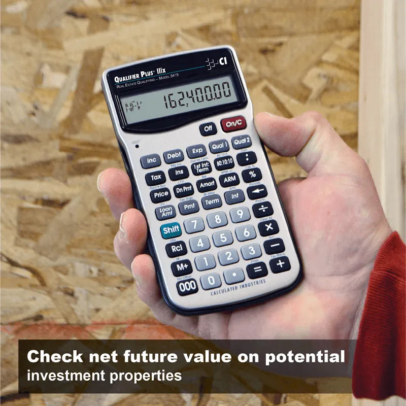 Hand holding Qualifier Plus IIIfx financial calculator, displaying net future value, for real estate