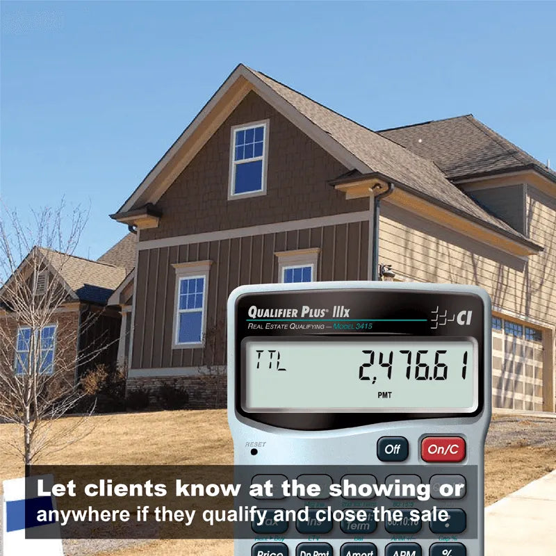 Qualifier Plus IIIfx real estate calculator in front of a modern home, Underwood Distributing Co.