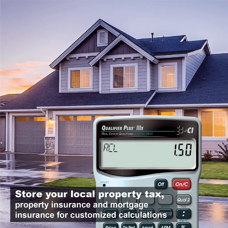 Qualifier Plus IIIx calculator in front of a modern house, promoting real estate calculation tools.