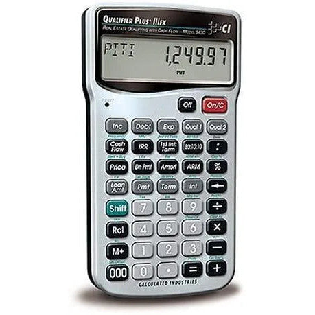 Qualifier Plus IIIfx real estate calculator by Calculated Industries, detailed keypad, display shows 1249.97, available at Underwood Distributing Co.