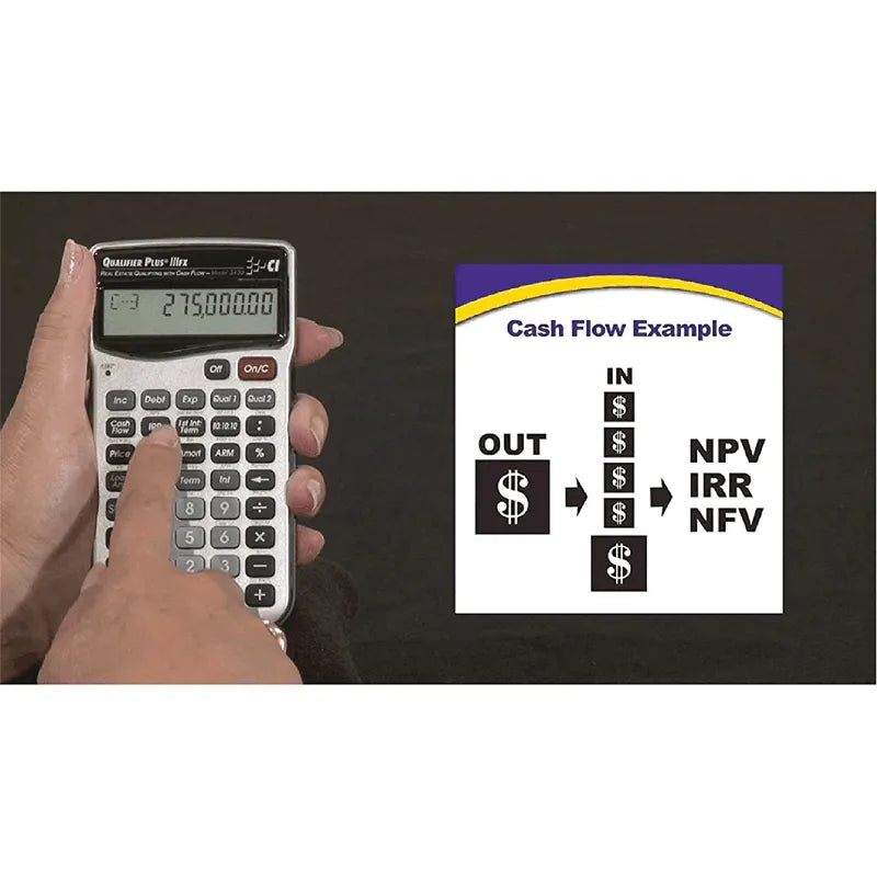Person using Qualifier Plus IIIx calculator by Underwood Distributing Co with cash flow chart