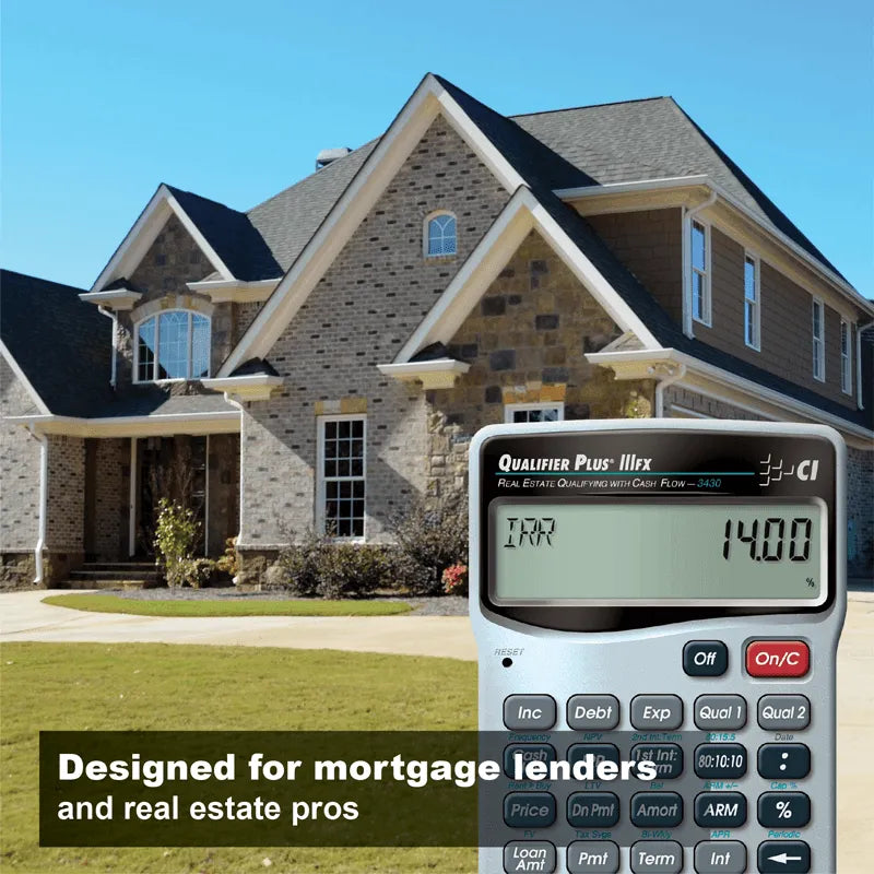 Qualifier Plus IIIfx calculator in front of a brick house, ideal for mortgage and real estate professionals.