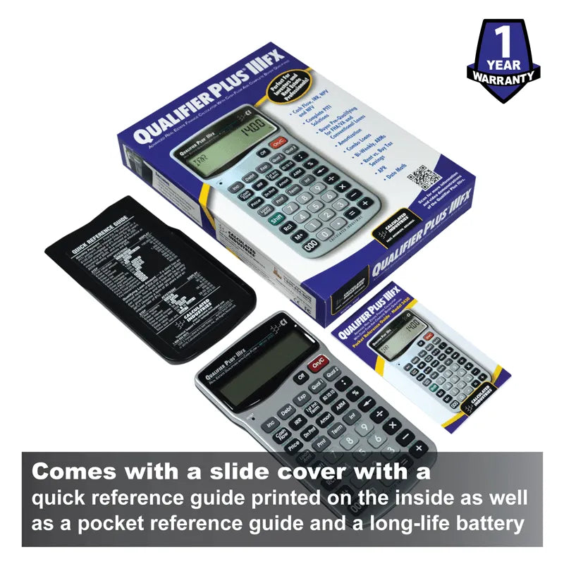 Qualifier Plus III FX calculator with slide cover, quick reference guide, and retail box from Underwood Distributing Co.