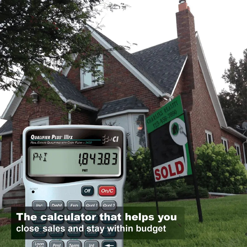 Qualifier Plus IIIx calculator in front of a sold house, ideal for real estate budget solutions