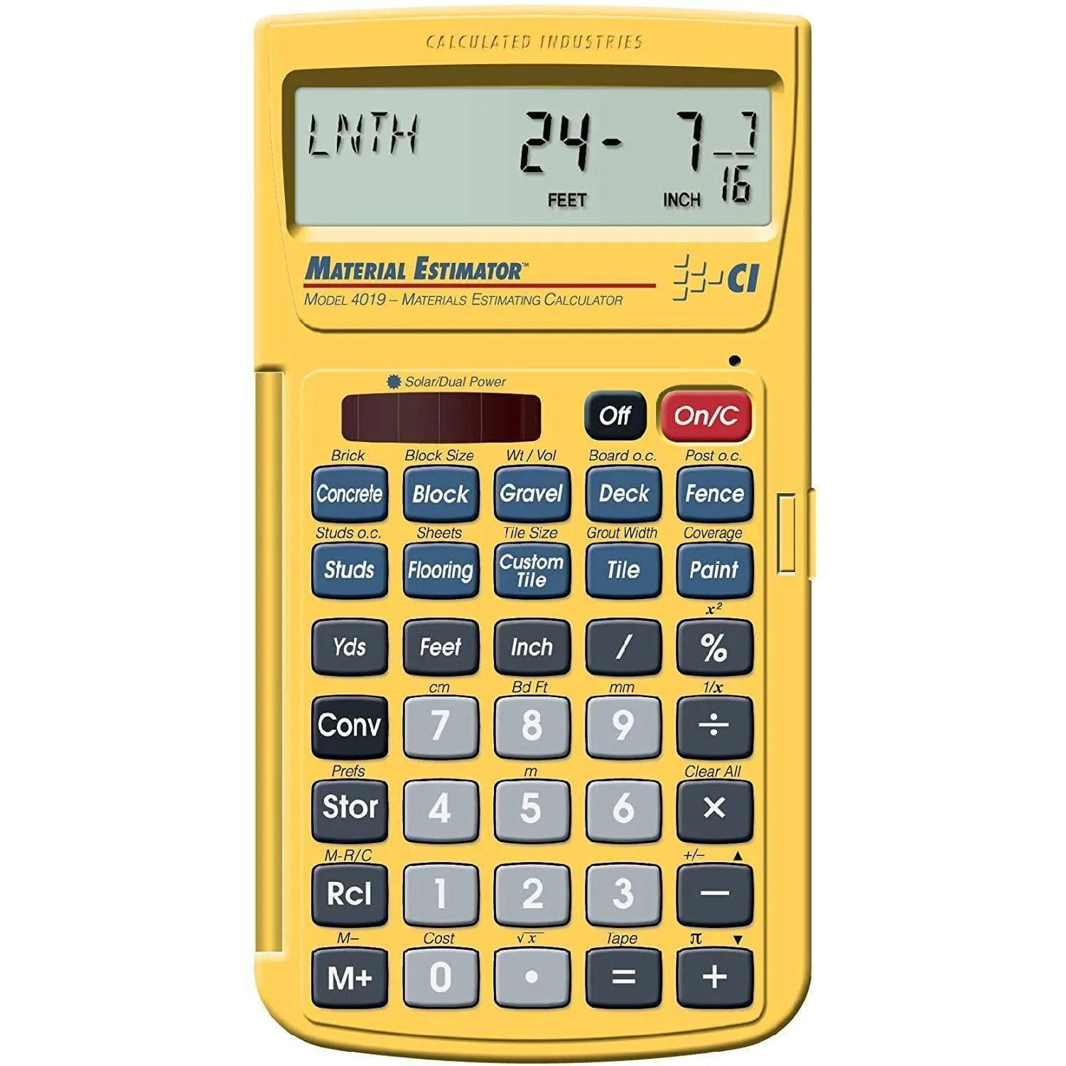 Yellow Material Estimator Model 4019 construction calculator with display, Underwood Distributing Co.