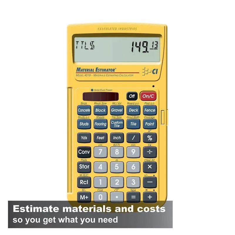 Yellow Material Estimator calculator, model 4019, for construction and cost estimating from Underwood Distributing Co.