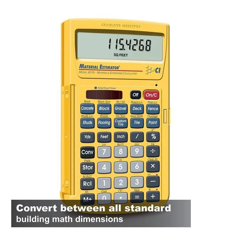 Yellow Material Estimator calculator for building math dimensions, solar powered, Underwood Distributing Co.