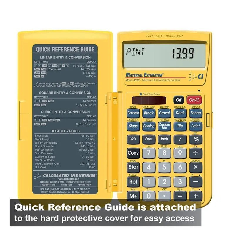 Yellow Material Estimator calculator with attached quick reference guide, offered by Underwood Distributing Co.