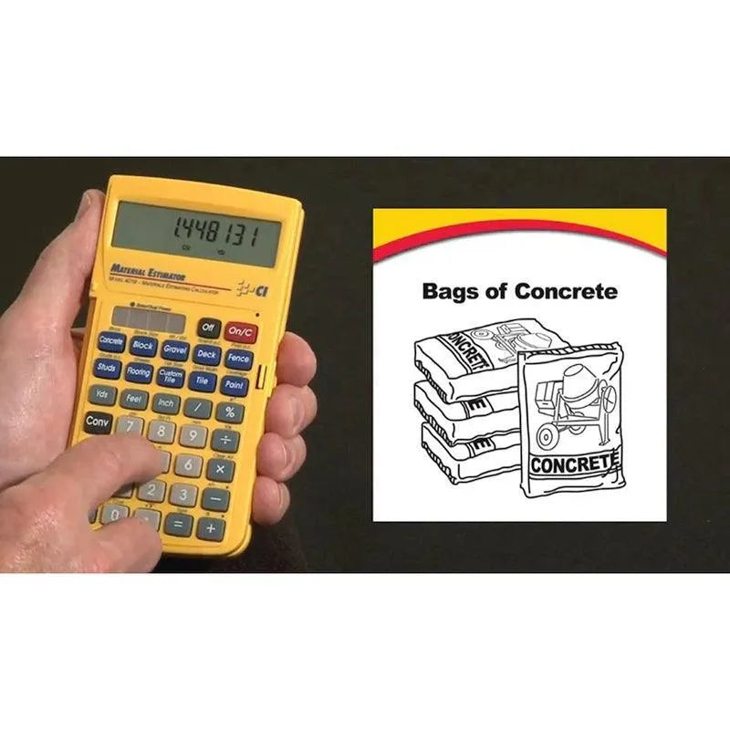 Hand using yellow Material Estimator calculator by Underwood Distributing Co next to concrete bags diagram.