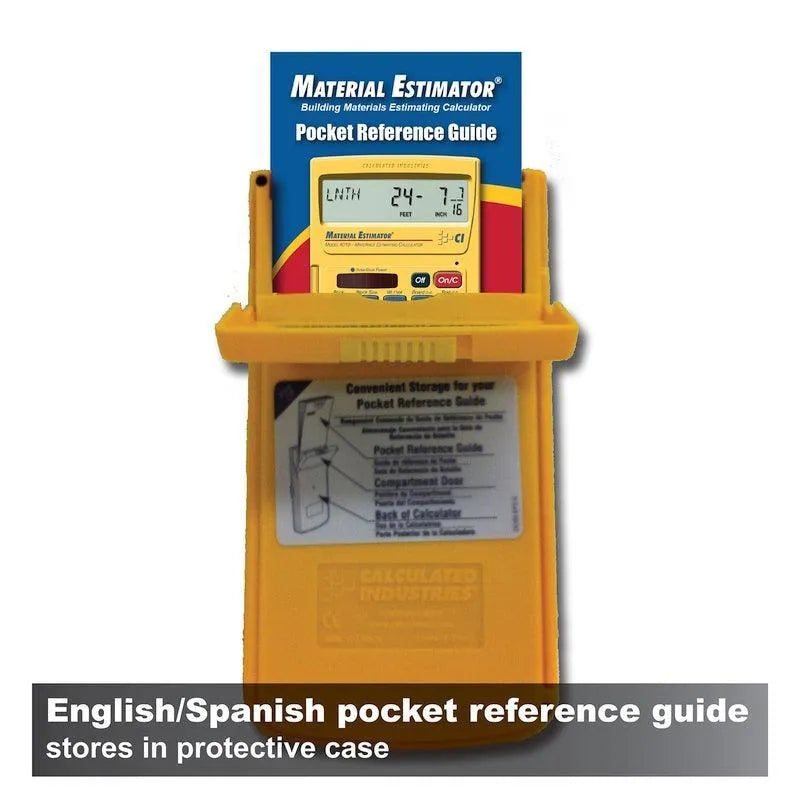 Material Estimator pocket reference guide and calculator in yellow protective case, Underwood Distributing Co.