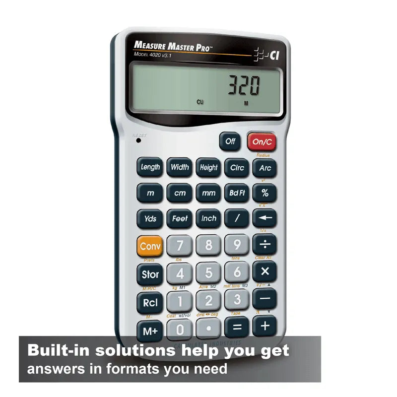 Measure Master Pro 4020 calculator with large display and construction conversion buttons