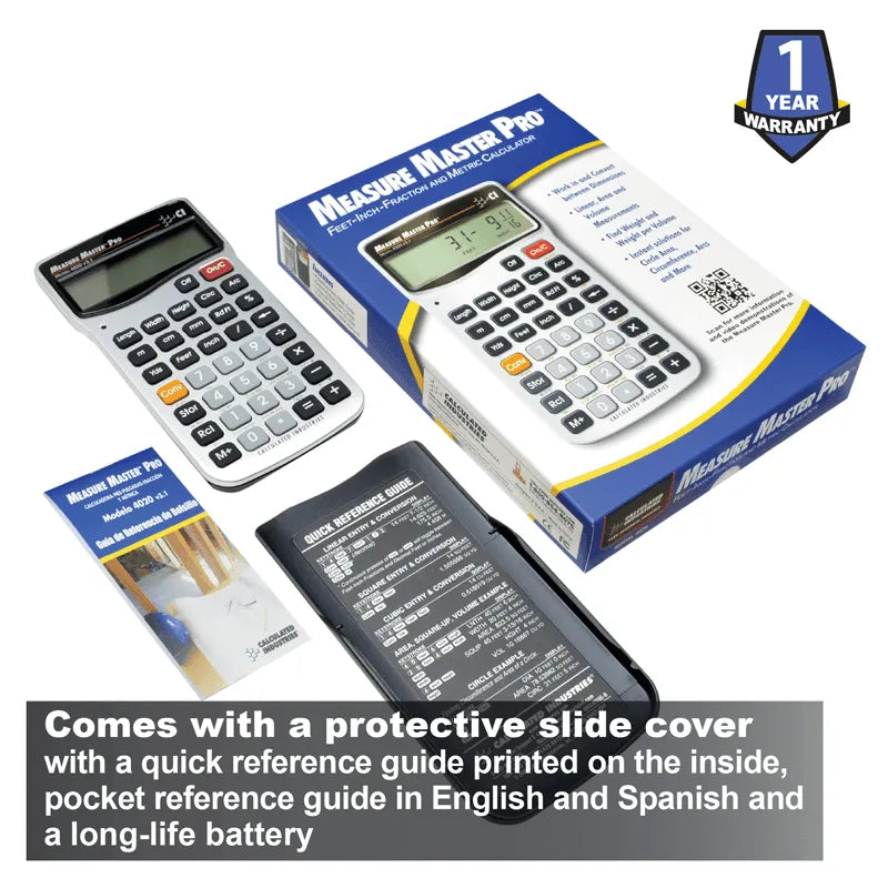 Measure Master Pro calculator with box, protective slide cover, and quick reference guide