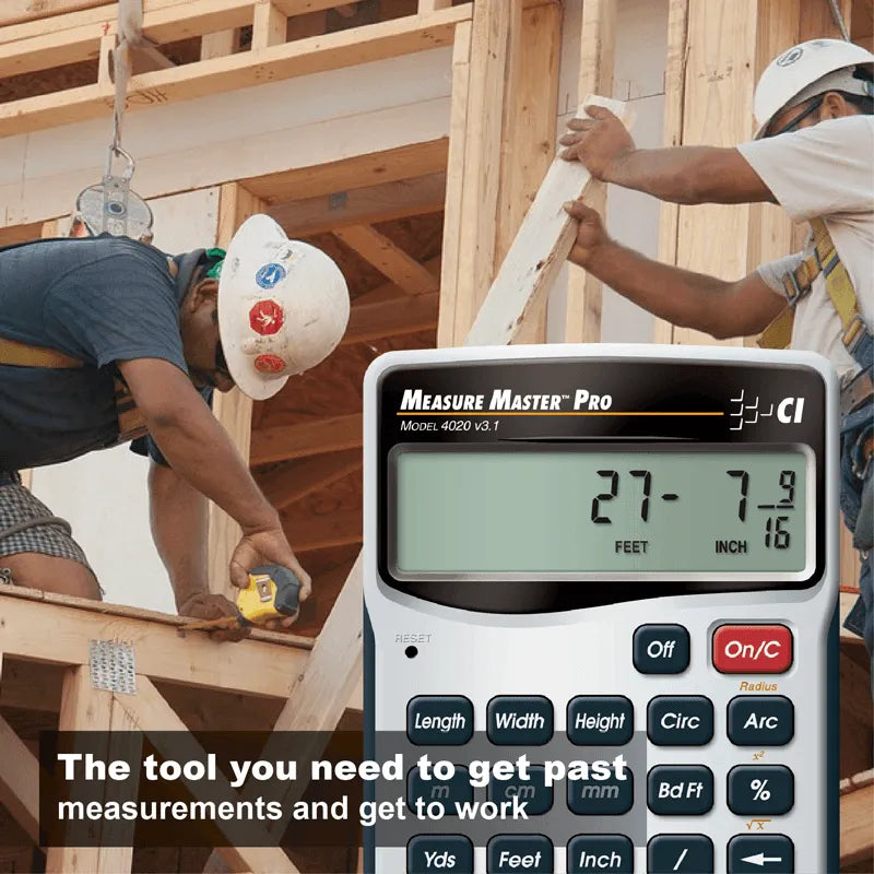 Construction workers using Measure Master Pro calculator at building site, Underwood Distributing Co.