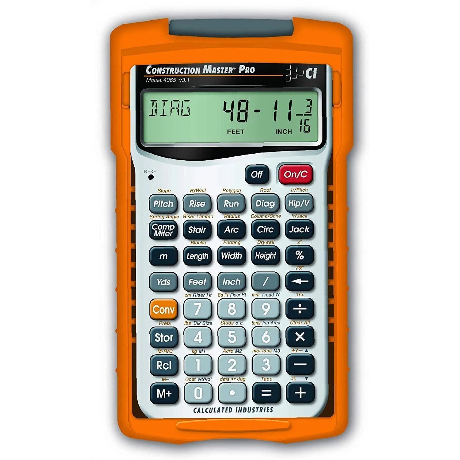 Construction Master Pro model 4065 calculator with orange case, for construction math, sold by Underwood Distributing Co.