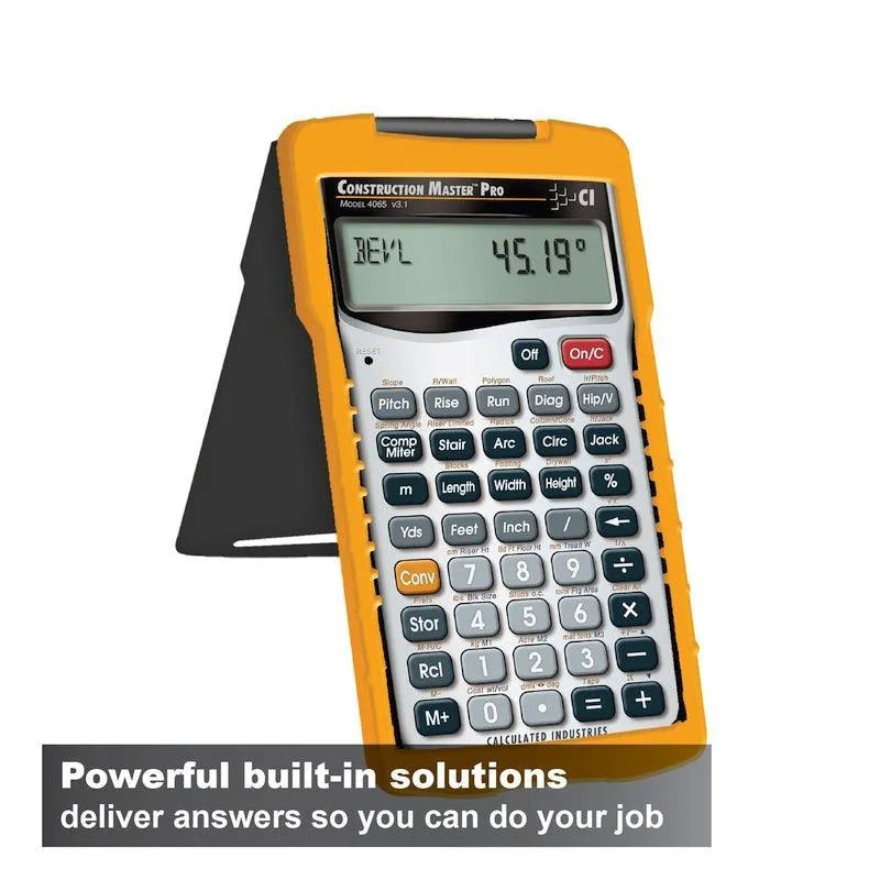Construction Master Pro calculator with yellow case and angled display, Underwood Distributing Co.