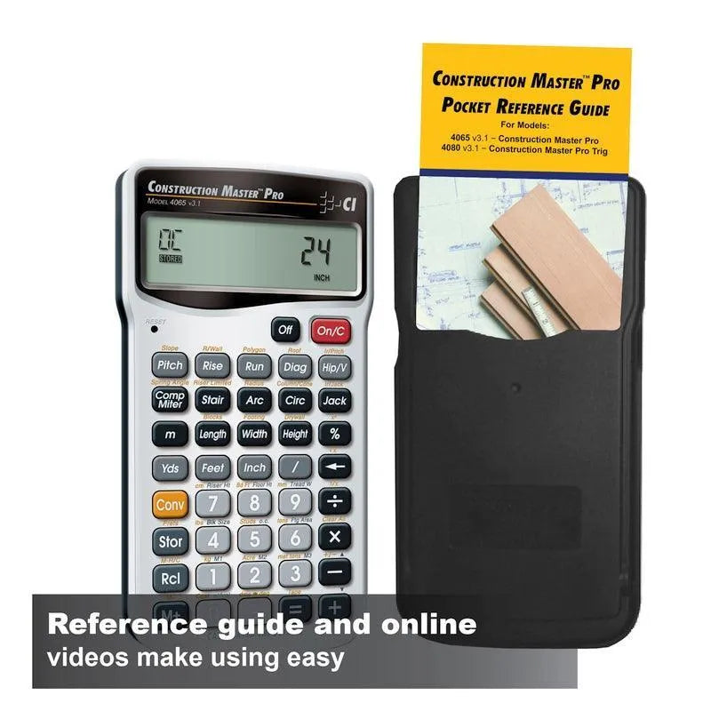 Construction Master Pro calculator with yellow pocket reference guide and case from Underwood Distributing Co.