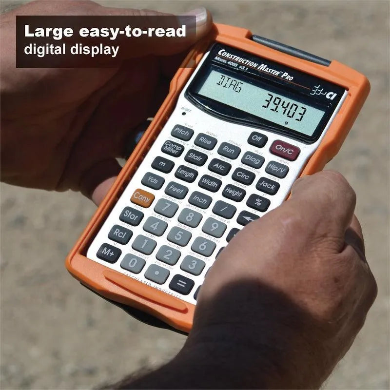 Person holding Construction Master Pro calculator with large digital display outdoors