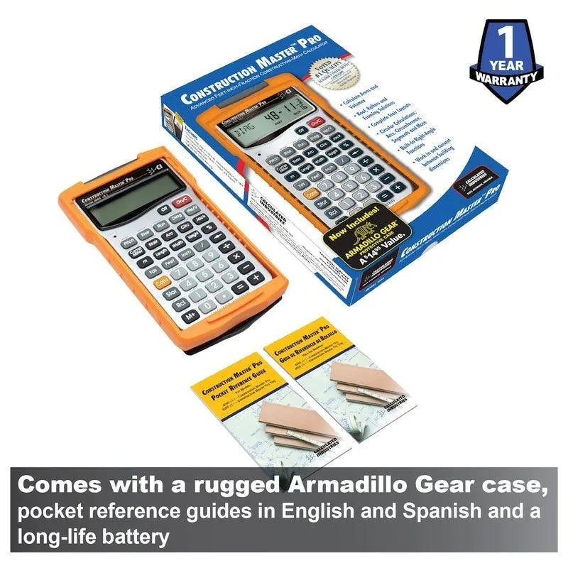Construction Master Pro calculator with rugged orange case, box, guides, and 1-year warranty