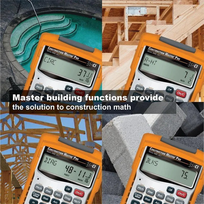Construction Master Pro calculator for builders, shown with framing, blocks, and pool design.