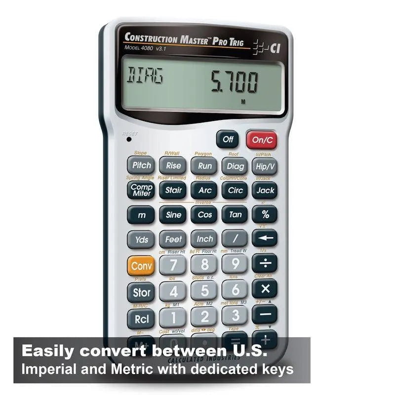 Construction Master Pro Trig 4080 calculator with imperial and metric conversion keys, sold by Underwood Distributing Co.