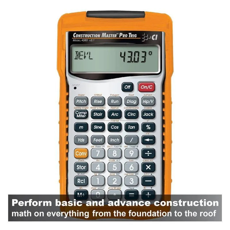 Construction Master Pro Trig calculator for construction math, featured by Underwood Distributing Co.