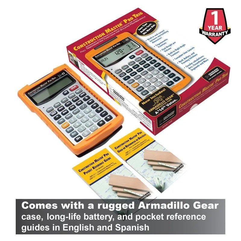 Construction Master Pro Trig calculator with orange case, box, warranty badge, and reference guides