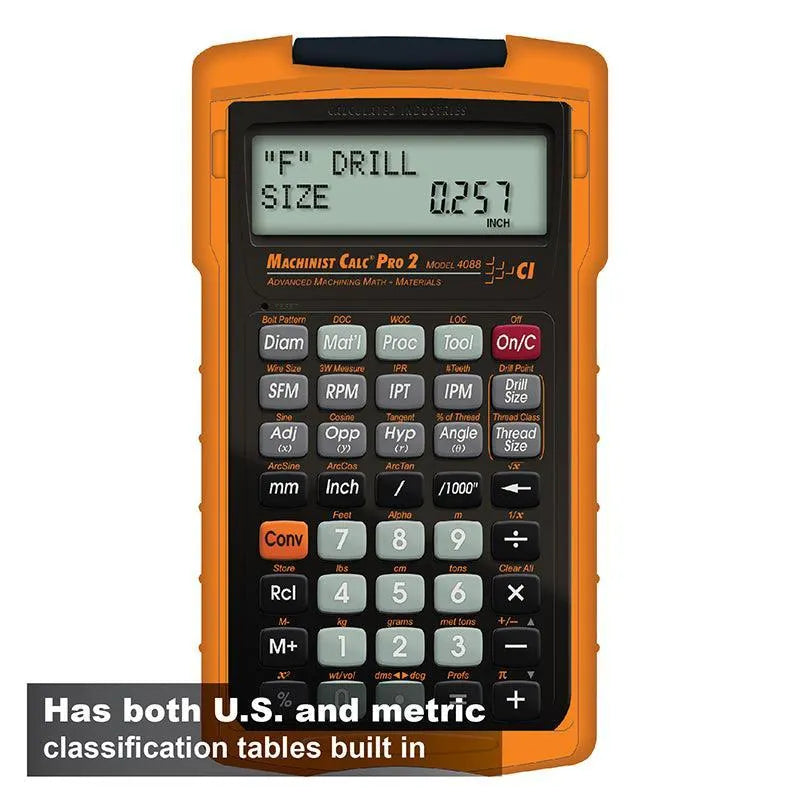 Machinist Calc Pro 2 calculator with drill size displayed, from Underwood Distributing Co.