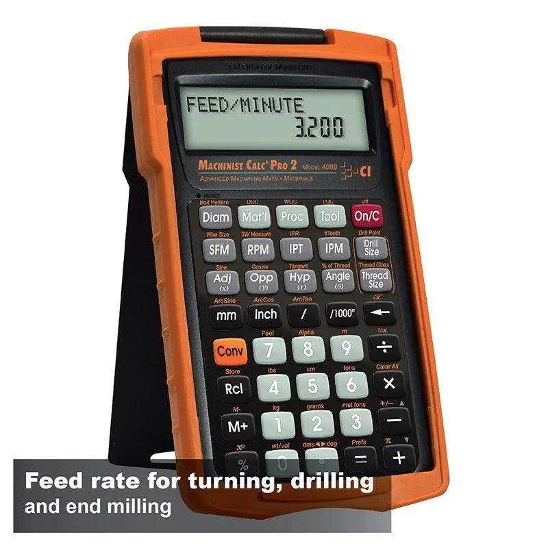 Machinist Calc Pro 2 calculator with orange case, showing feed rate on display, Underwood Distributing Co.