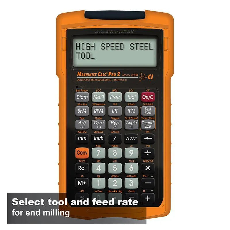 Machinist Calc Pro 2 calculator for advanced machining math, displayed with orange case