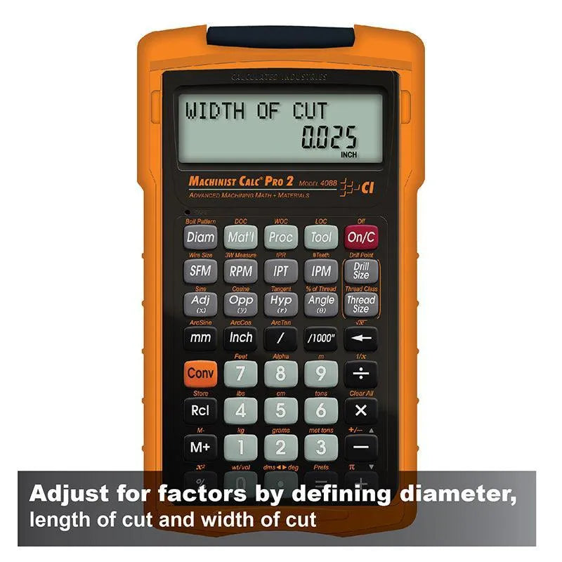 Machinist Calc Pro 2 calculator for machining math, displayed with "Width of Cut" on screen, sold by Underwood Distributing Co.