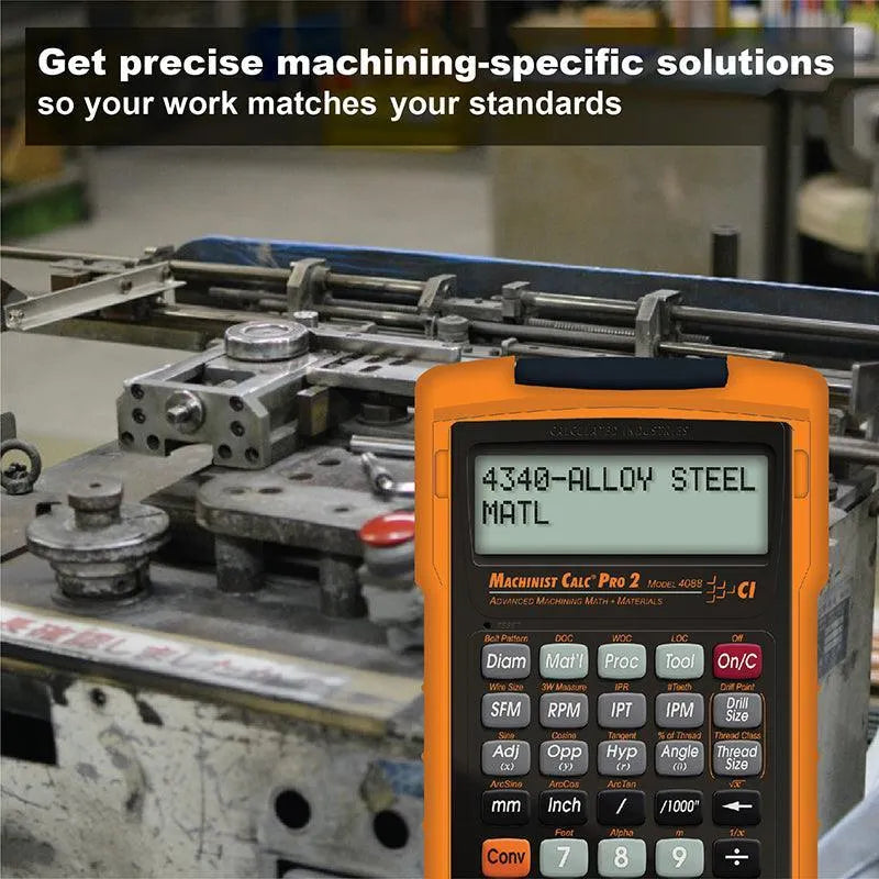 Machinist Calc Pro 2 calculator displaying '4340-ALLOY STEEL' in a workshop with machining equipment
