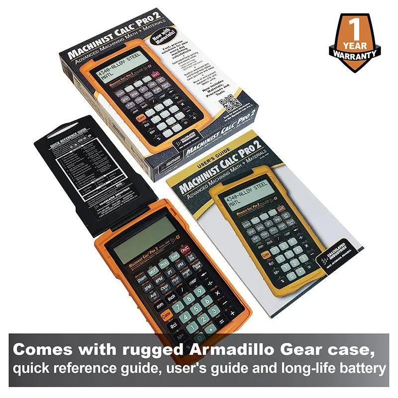 Machinist Calc Pro 2 calculator with box, Armadillo Gear case, guides, and 1-year warranty badge