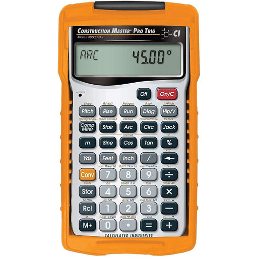 Construction Master Pro Trig Model 4080 calculator with orange case and large display