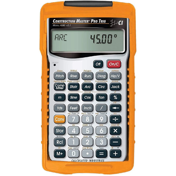 Construction Master Pro Trig Model 4080 calculator with orange case and large display