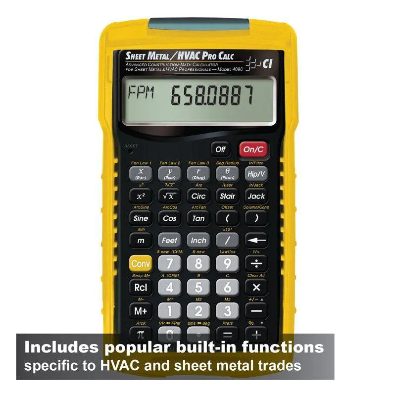 Sheet Metal HVAC Pro Calc calculator with yellow casing and display, specialized for HVAC and sheet metal professionals, available from Underwood Distributing Co.
