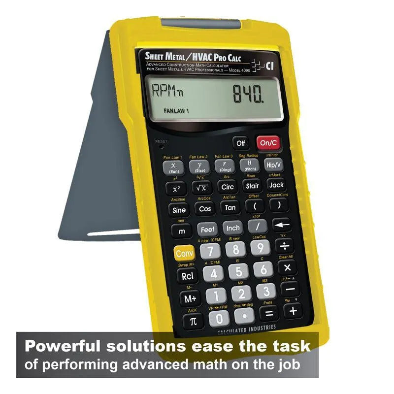 Sheet Metal HVAC Pro calculator with yellow casing, stand, and advanced math display