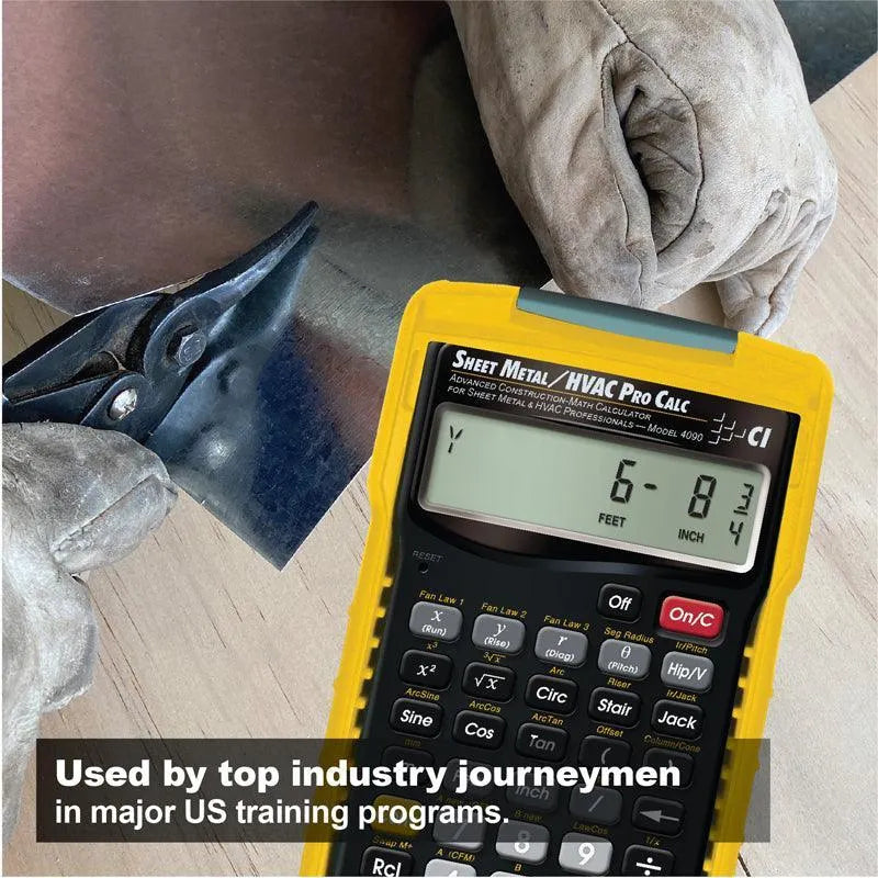 Sheet Metal HVAC Pro calculator with yellow case beside metal shears and gloves on a workbench