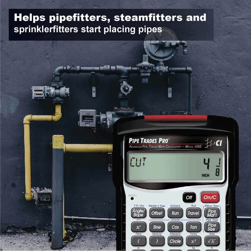 Pipe Trades Pro calculator in front of industrial piping, pipefitting tool for professionals