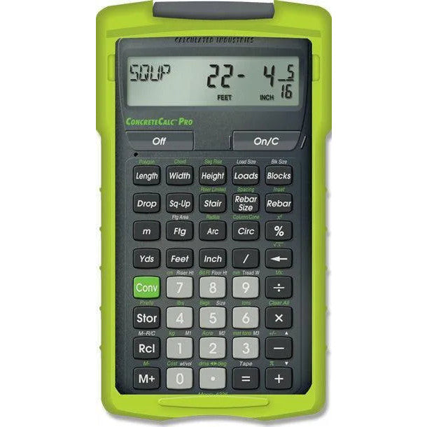 ConcreteCalc Pro calculator with green case, buttons for construction calculations, sold by Underwood Distributing Co.