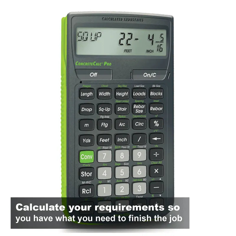 ConcreteCalc Pro construction calculator with display screen and specialized function buttons, Underwood Distributing Co.