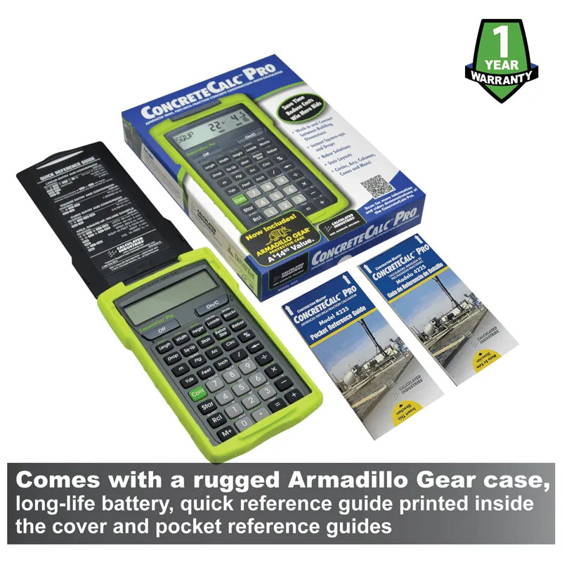 ConcreteCalc Pro calculator with rugged green Armadillo Gear case, box, reference guides, and 1-year warranty badge from Underwood Distributing Co.