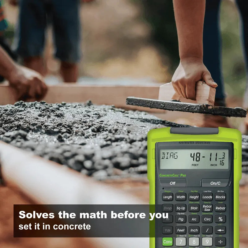 ConcreteCalc Pro calculator with fresh concrete being smoothed at a construction site