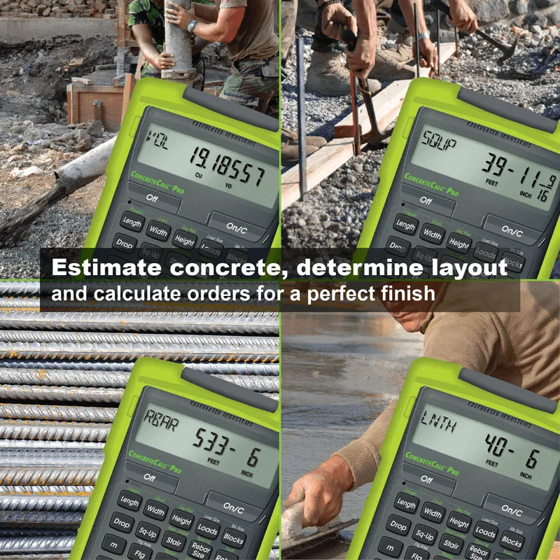 ConcreteCalc Pro calculator used at construction site for concrete and layout estimates, Underwood Distributing Co.