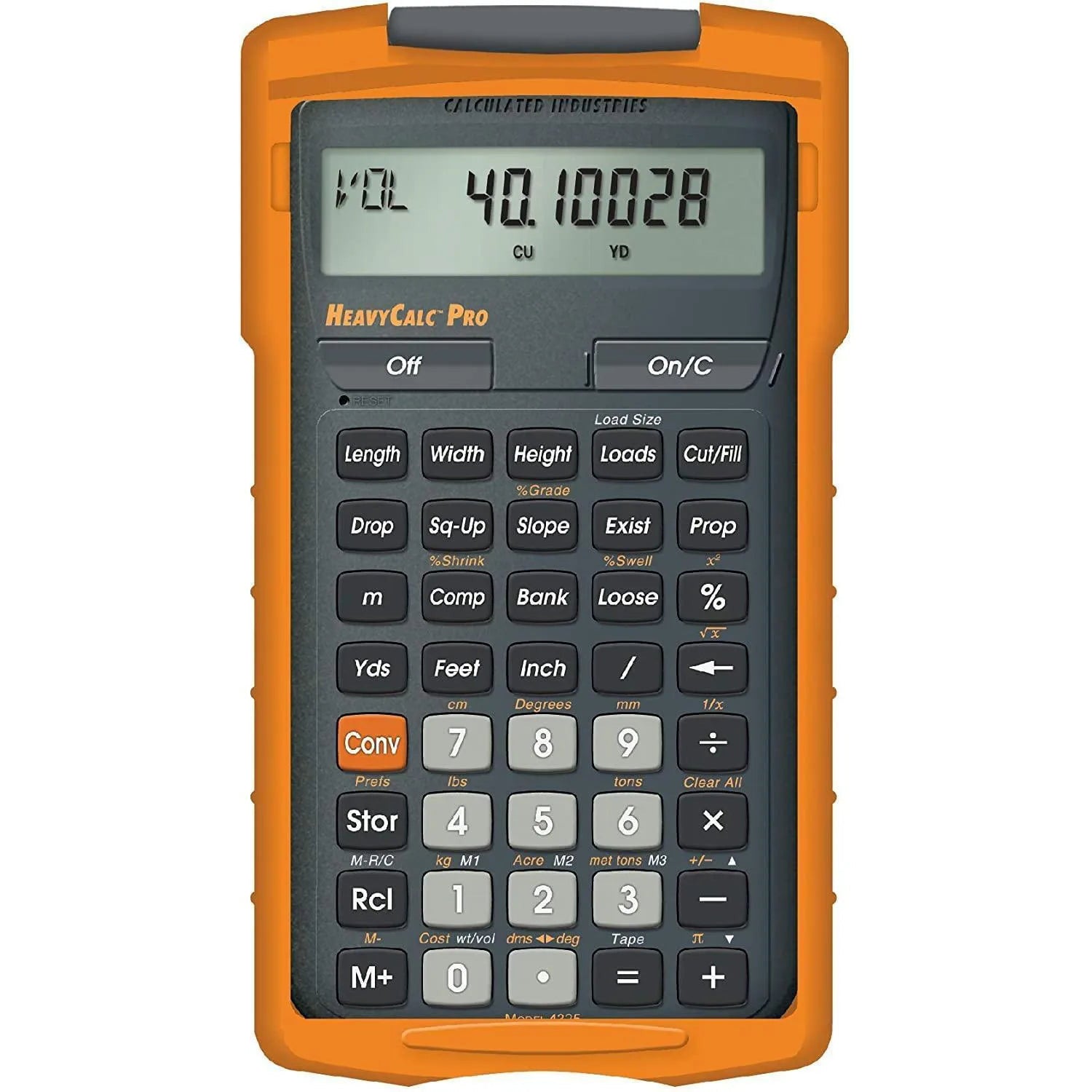 HeavyCalc Pro construction calculator with orange case, offered by Underwood Distributing Co.